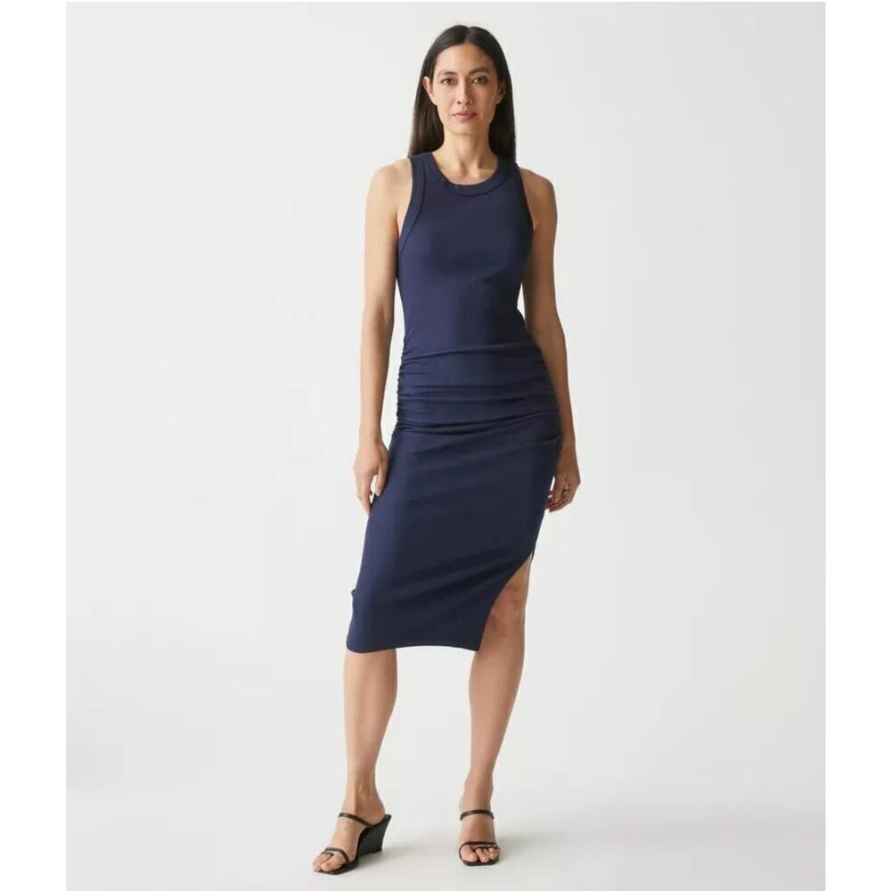 Michael Stars Wren Ruched Side Ribbed Midi Dress Large Dark Gray